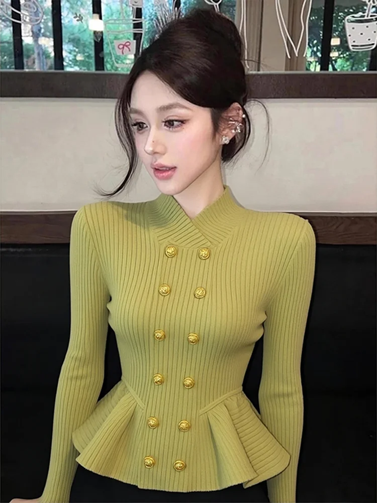 Top de punto largo con doble botón único para mujer Faionable Slim Fit Base irt Otoño Invierno Sli Bell Sve Cintura...