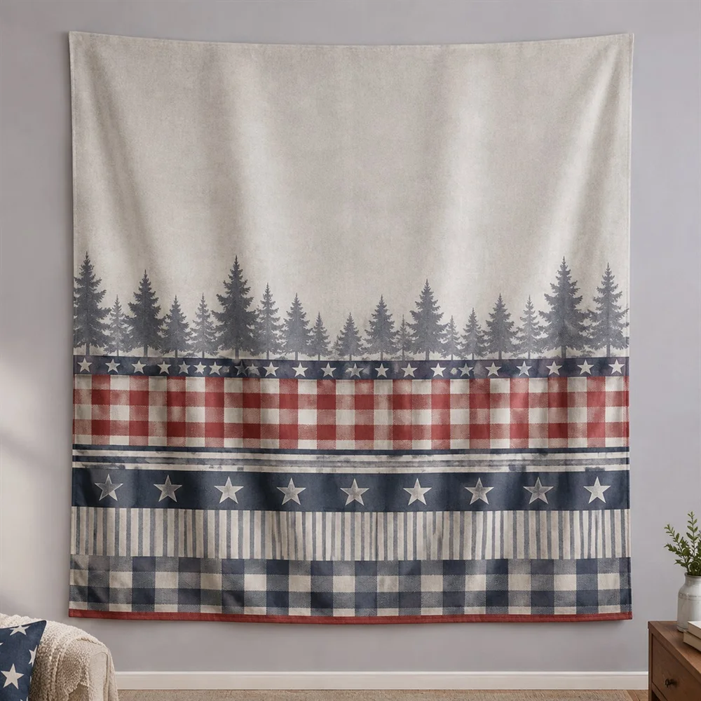 VIKAMA Plaid Check Pattern Layered Bands Tapestry Wall Hanging, American Wall Decor Tapestries for Study Living Room Bedroom