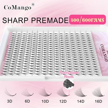 CoMango 300 뾰족한 베이스 위스피 볼륨 인조 속눈썹, 사전 제작 팬, 샤프하고 좁은 얇은 스템, 준비된 실크 속눈썹 익스텐션 
