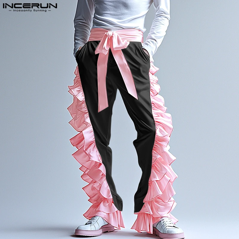 INCERUN 2025 American Style Pants Stylish Men Ruffled Edges Contrast Color Splicing Trousers Casual City Wlak Wide Leg Pantalons