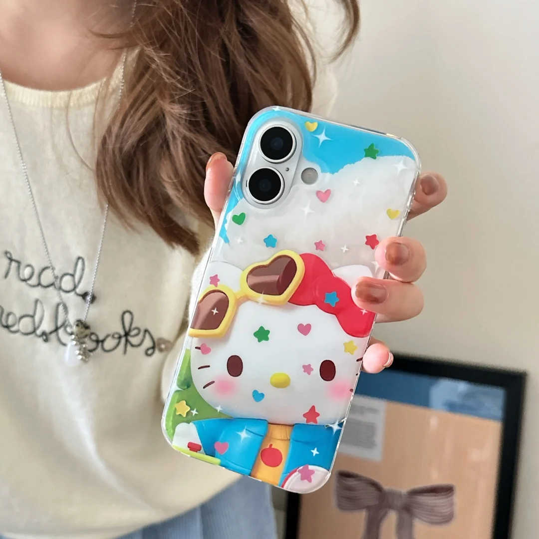 

kawaii 3D lovely Hellos Kittys stars Phone Case for iPhone 16 Pro Max 17 15 14 Pro 15 Plus all-inclusive shockproof back Cover