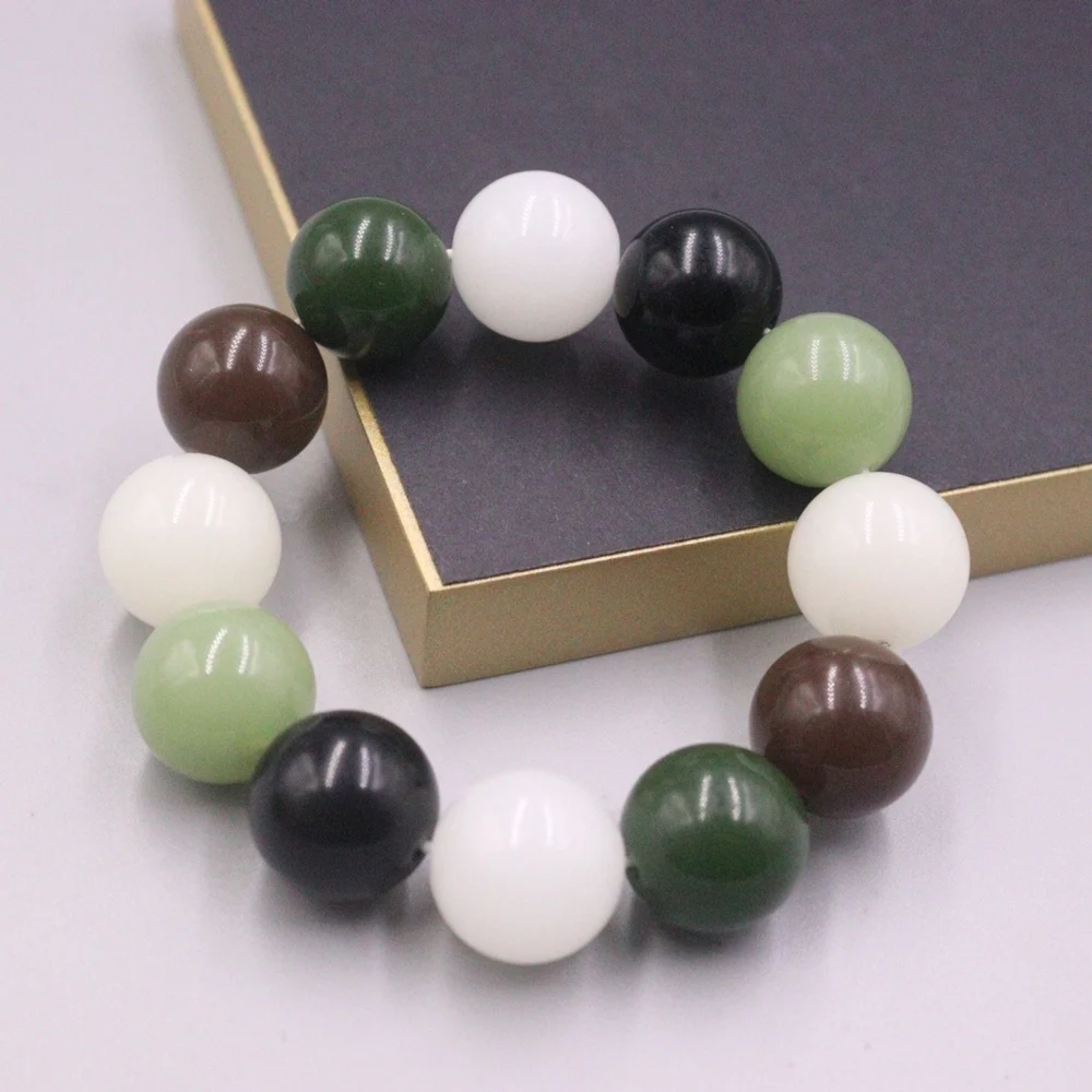 Natural Jade Men Women Lucky 18mm Colorful Many Gems Round Beaded Link Bracelet