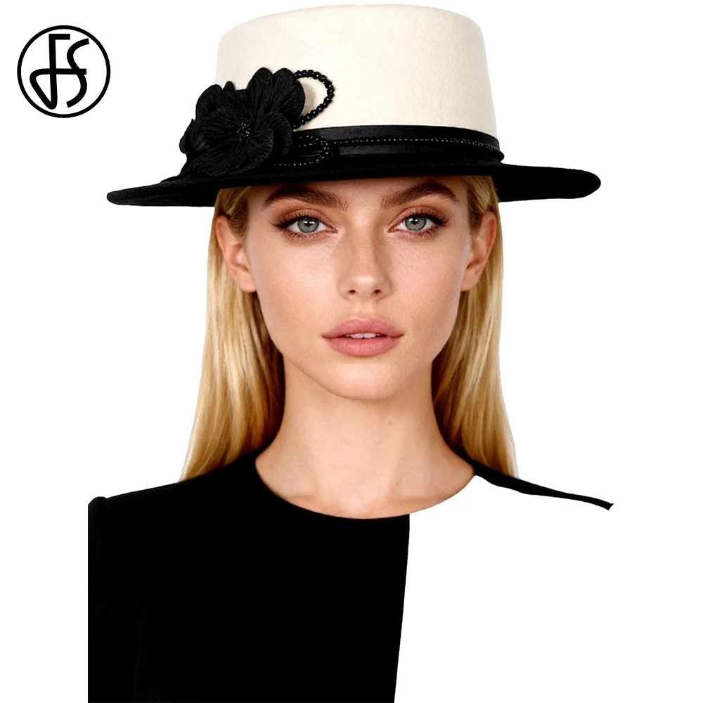 

FS Elegant Black White Fascinator Hats For Women Luxury Tea Party Top Hat Summer Wide Brim Wool Cap With Flower Chapeau Femme