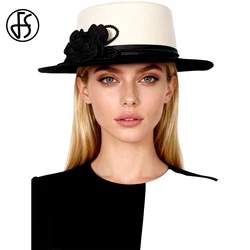 FS Elegant Black White Fascinator Hats For Women Luxury Tea Party Top Hat Summer Wide Brim Wool Cap With Flower Chapeau Femme