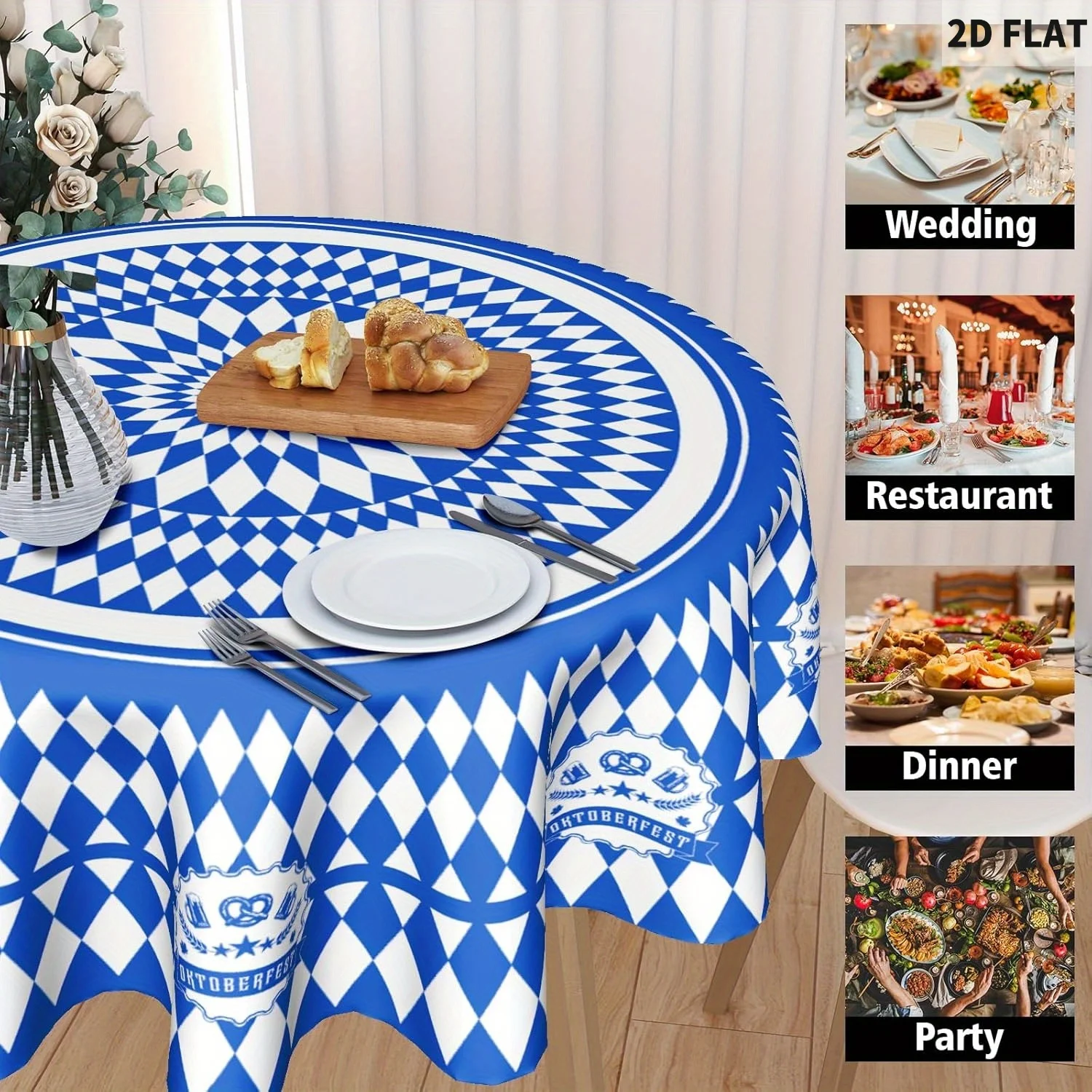 

2D FLAT Oktoberfest Round Tablecloth 60 Inch, Blue and White Checked Table Covers Polyester Fabric Bavarian Blue Gingham