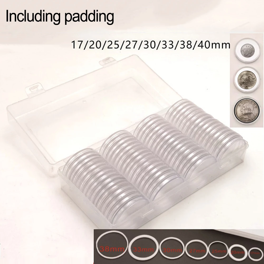 

60PCS Transparent Coin Capsules&60spacers With Storage Box Suitable For 17/20/25/27/30/33/38/40mm Diameter Coins 200x104x52mm