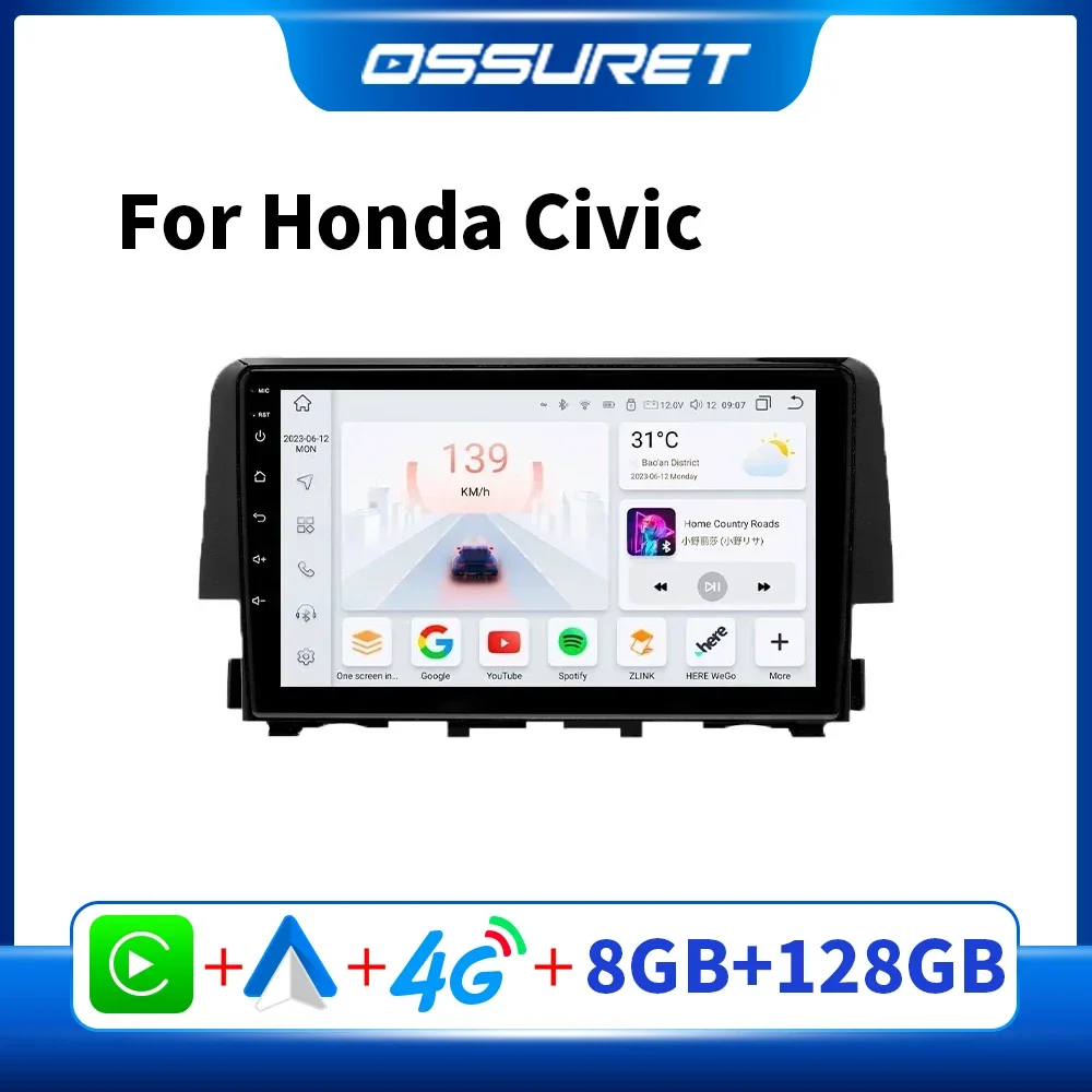 OSSURET Android Car Radio Player for Honda Civic 2019 2018 2017 2016 Car Stereo Multimedia GPS Screen Carplay DSP 7862 Headunit