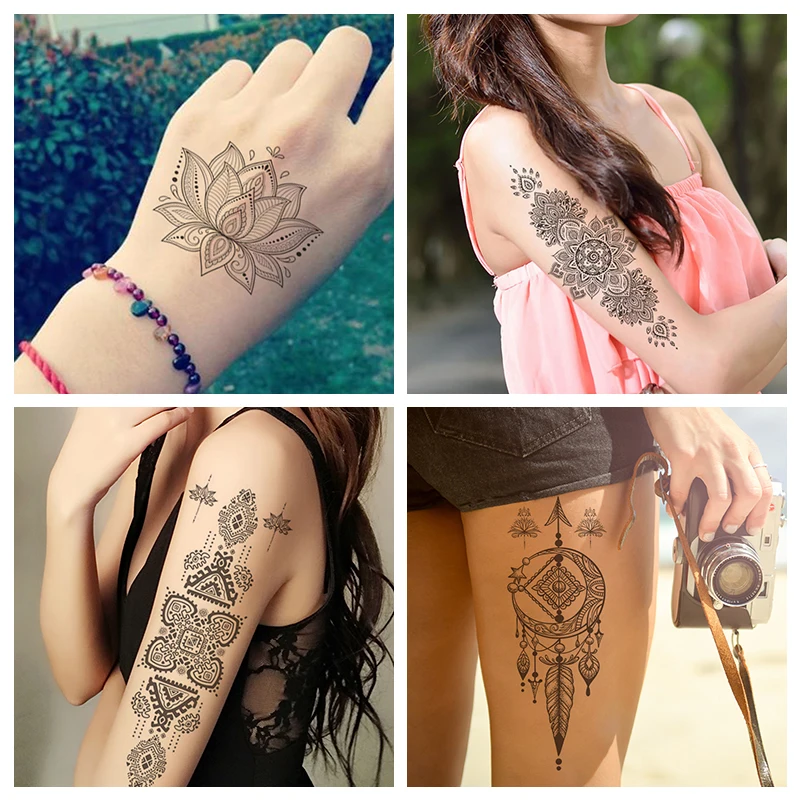 VeeCharm - Black Henna Temporary Tattoos For Women, Lace/Bohemia/Mandala Flower, Fake Sleeve Tattoos, Body Art, 1/9 Sheet