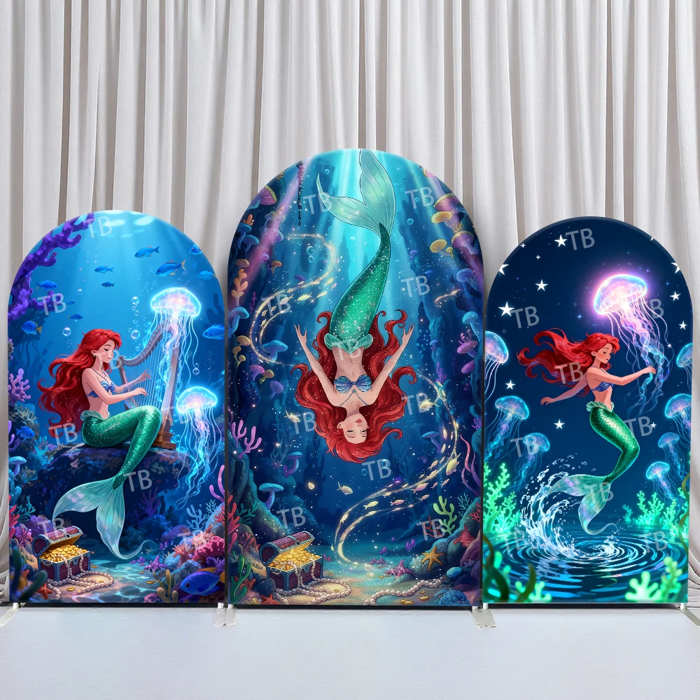 

TB Little Mermaid Arch Backdrop Cover Birthday and Baby Shower Underwater Jellyfish Treasure Theme Kids Party Photo Booth Decor