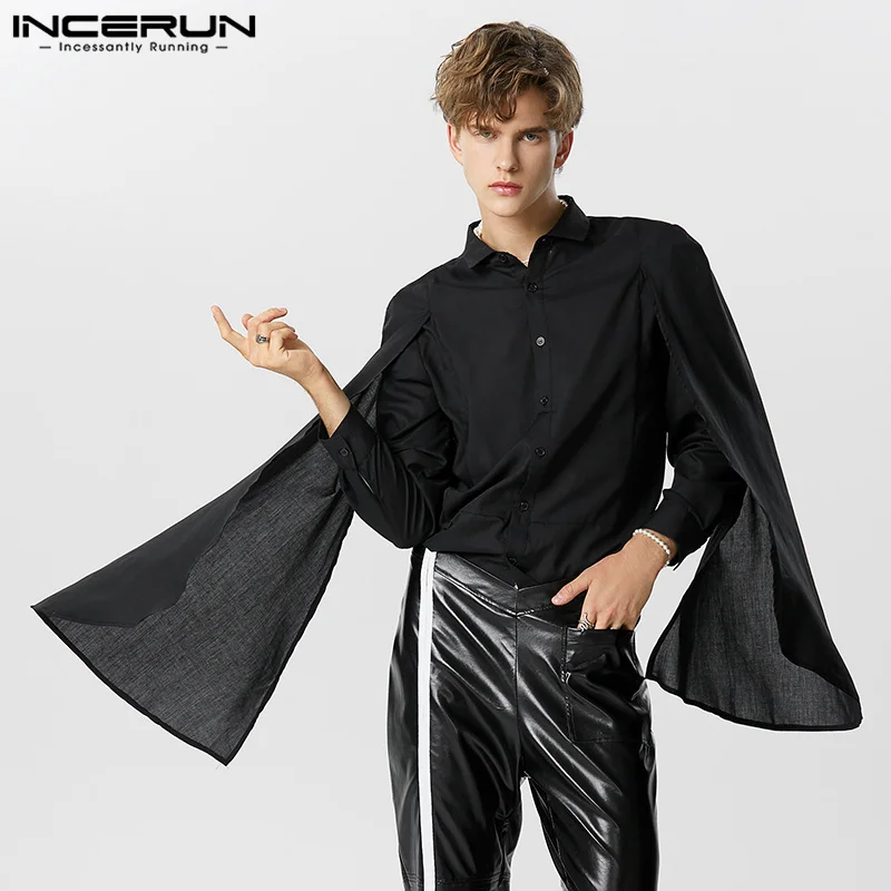 INCERUN-Camisa irregular monocromática masculina, lapela patchwork, streetwear de manga comprida, camisas casuais elegantes, outono, S-5XL, 2023