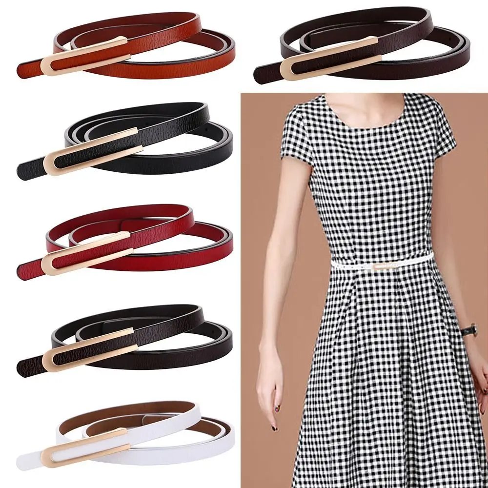 

Women Vintage Casual Trouser Dress Belts Thin Waist Strap Metal U Buckle Waistband Genuine Cowskin Leather Belt