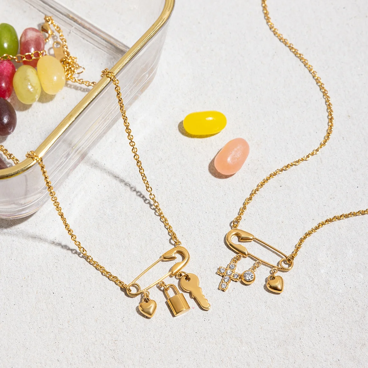 Waterproof 18K Gold PVD Plated Stainless Steel Safety Pin Necklace Heart Lock Key Cross Charms Punk Vintage Layered Chain Jewel