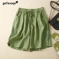 Frauen Vintage hohle Spitze Patchwork Baumwolle Leinen gerade Shorts Sommer lässig Kordel zug Komfort Urlaub Strand kurze Hosen Ropa