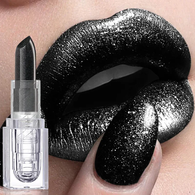 Lápiz labial con purpurina resistente al agua, brillo de labios negro Sexy, tinte de labios brillante, cosméticos, maquillaje de labios de Halloween