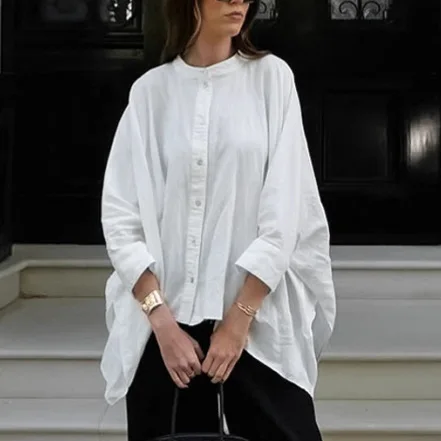

Осенняя женская блузка из чистого хлопка с круглым вырезом, однобортная, с рукавами «летучая мышь», асимметричная дизайнерская женская рубашка, офисный женский топ