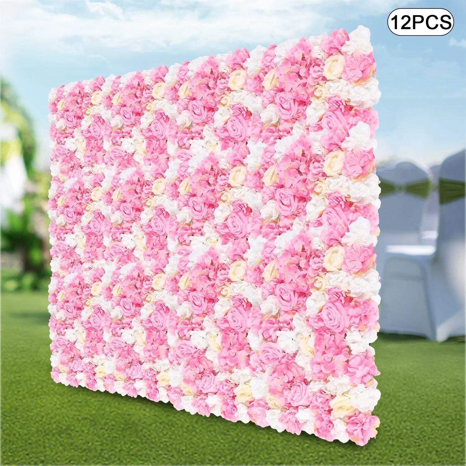 

12Pcs Artificial Flower Wall Panel Silk Fabric and Plastic Flower Walls Pinhole Locking for Wedding Party Decor