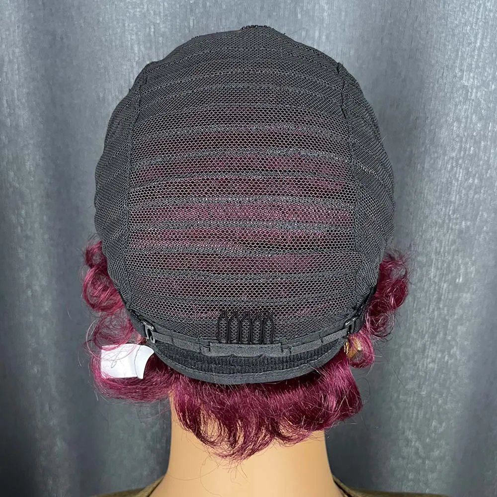 버건디 인모 픽시컷 가발 (흑인 여성용) 와인 레드 레이어드 숏 컬리 머신메이드 가발 (일상용)