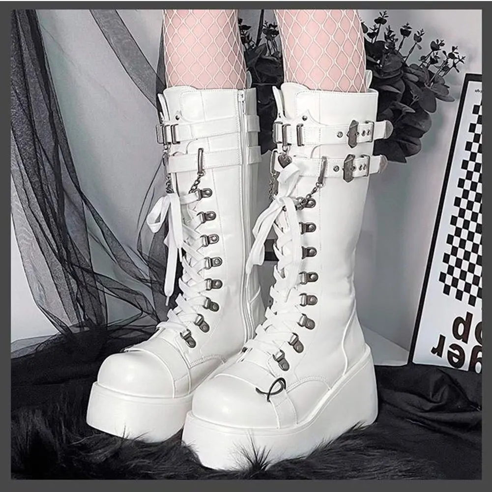 Gothic Style Platform Wedges Mid-calf Motorcycle Boots 2022 Vampire Cosplay Winter Shoes For Women Walkim Comfy Big Size 43