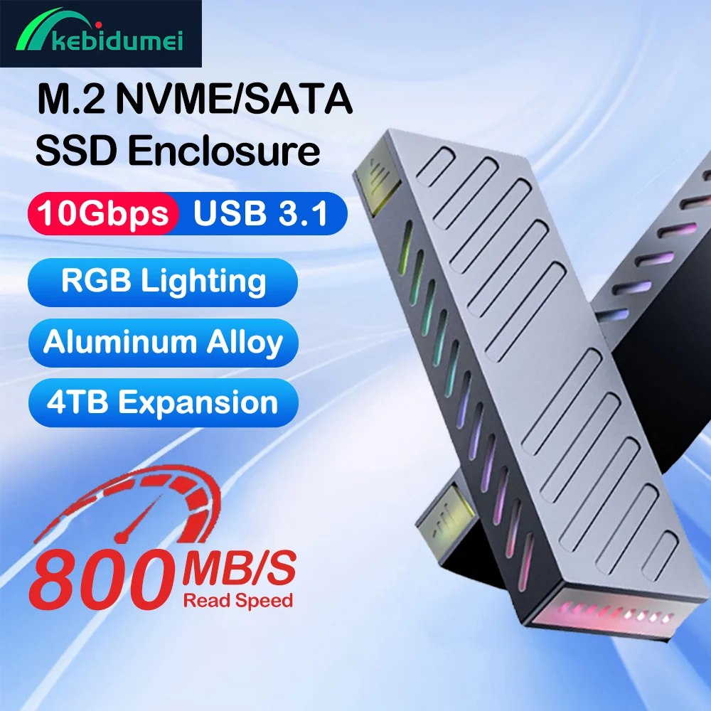 Kebidumei M.2 NVME SATA SSD Enclosure Aluminum Alloy 10Gbps USB 3.1 NVME M2 External Hard Drive Box RGB Colorful Light Tool Free