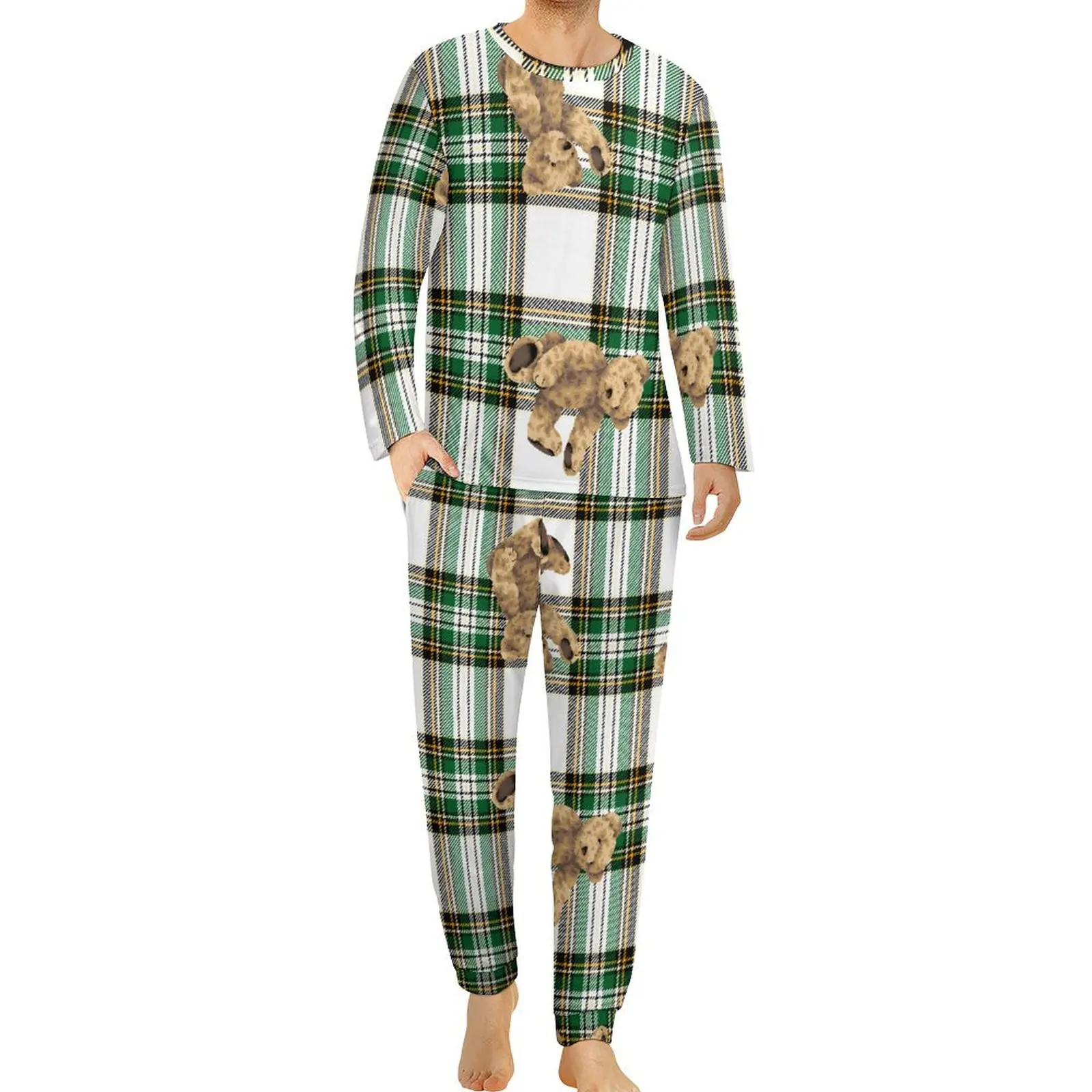 Cartoon Bear Pajamas Autumn Retro Plaid Print Casual Nightwear Men 2 Pieces Graphic Long Sleeve Kawaii Oversize Pajama Sets