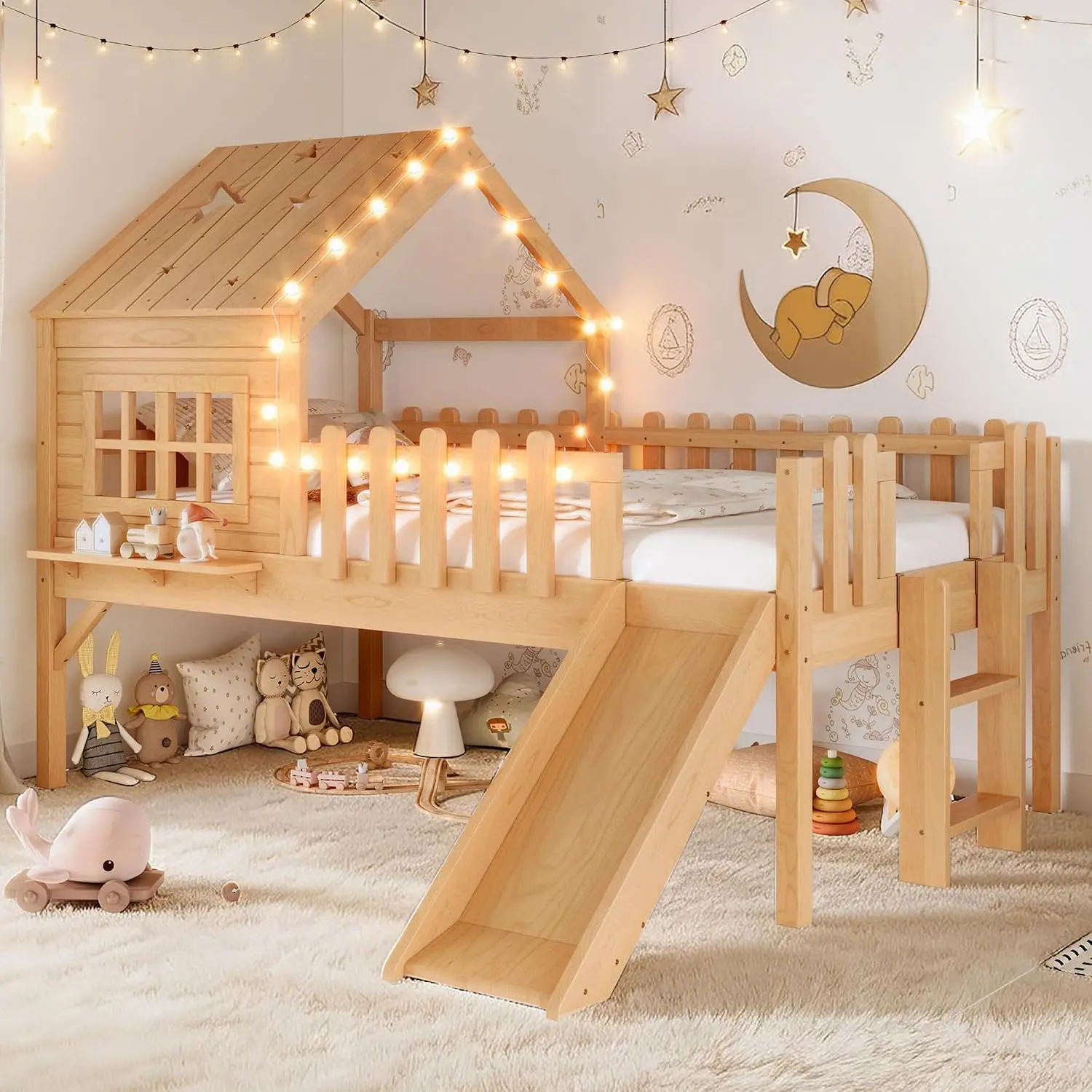 Twin Size Low Loft Bed with Slide, Kids House Loft Bed with LED Lights, Solid Wood Low Loft Bed Frame with Safety, Customized