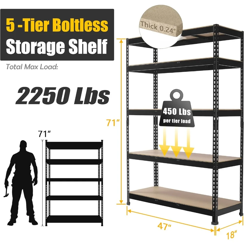 Adjustable 5 Tier Heavy Duty Metal Garage Storage Rack - 47W x 18D x 71H, Utility Shelf Unit for Warehouse Organization
