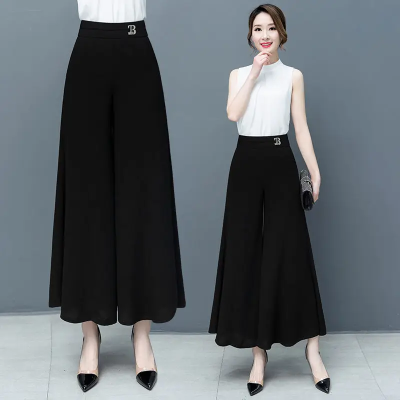 

Spring Summer New Office Lady Fashion Oversized Ankle-Length Pants Women Vintage Elastic High Waist Casual Wide Leg Trousers A65