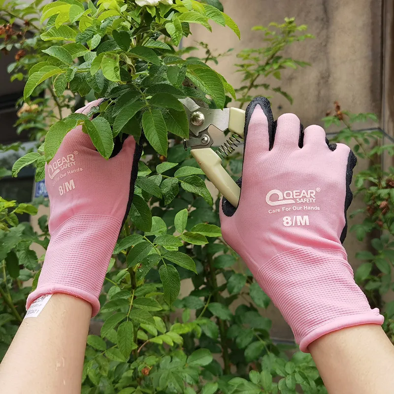 Pink Women Gardening Work Gloves, Latex Rubber Palm Coated, Dirty/Small Plant Thorn Resistance Palm, Dexterity, Abrasion, Grip