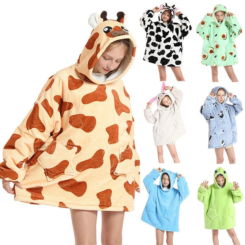 Winter Sherpa TV Blanket Kids Soft Plush Sweatshirt Hoodie Children Warm Flannel Hooded Animal Giant Blankets Pullover Pajamas