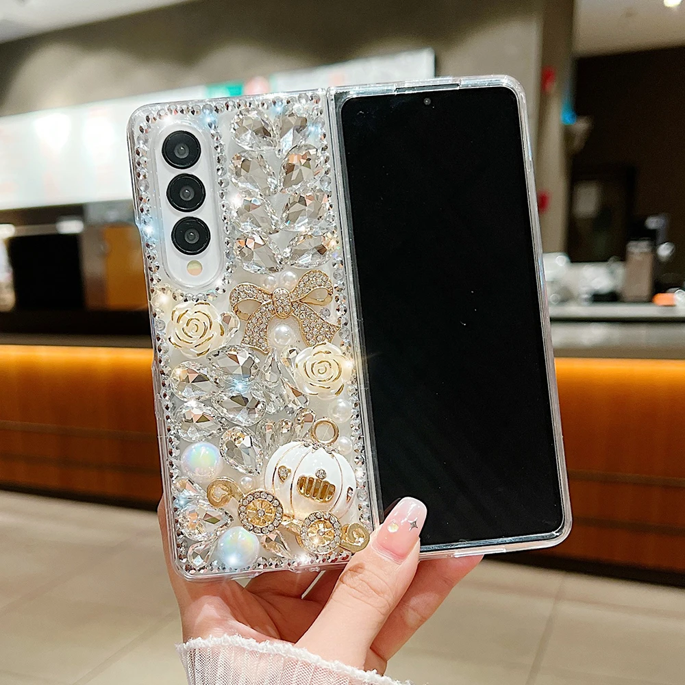 Luxury Bling Rhinestone Pumpkin Cart Crystal Clear PC Cover For Samsung Galaxy Z Fold 7 6 5 4 3 Laser Pearl Glitter Flowers Case