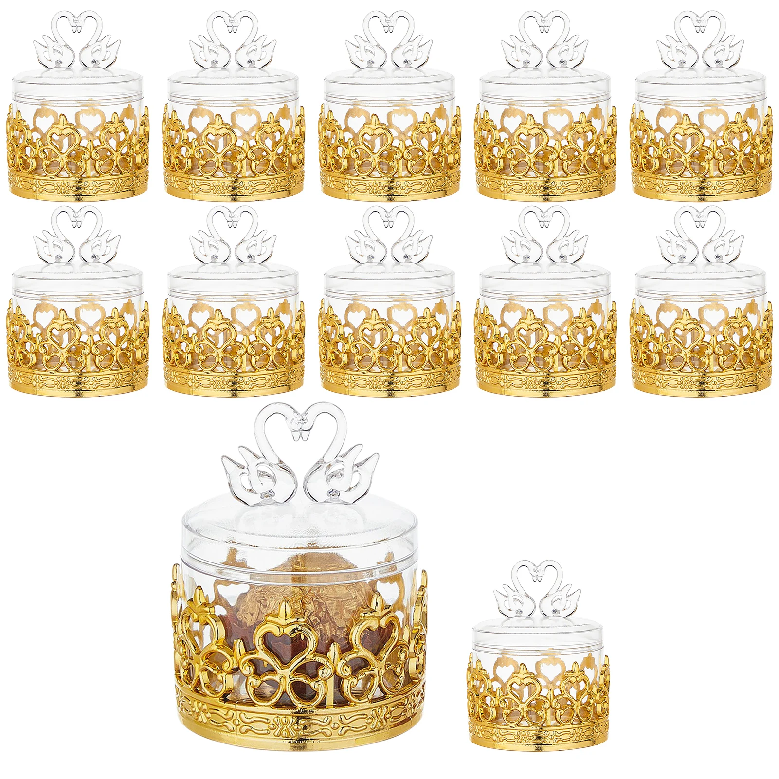 

12Pcs Electroplated Gold Swan-Heart Candy Boxes with Lids, Durable Plastic Wedding Favor & Gift Containers, for Wedding Party