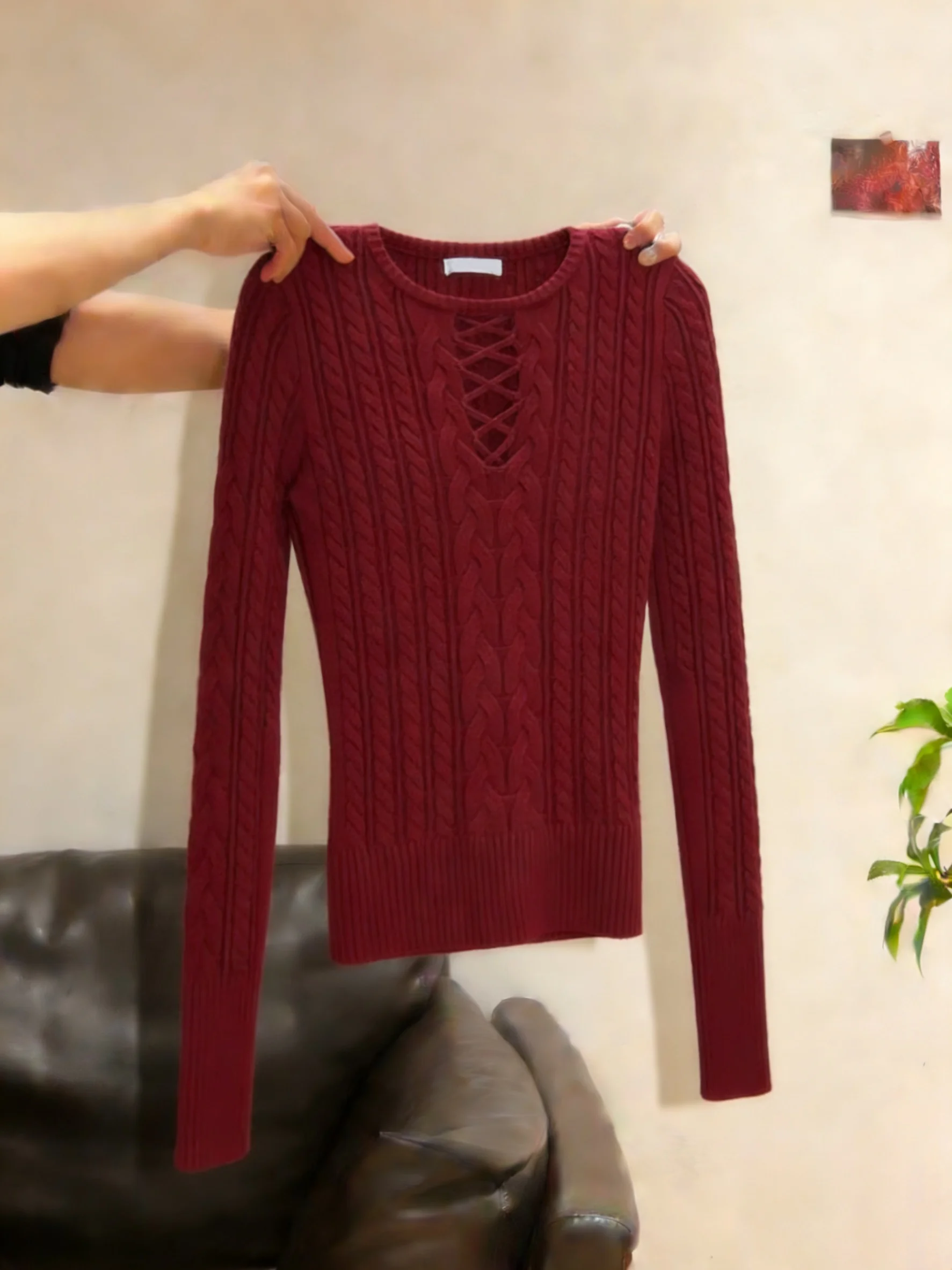 

Red Hollow out Knitted Sweater Women's Spring Autumn Slimming Base Layer Top Casual Sle Medium Softn Long Sve round Ne