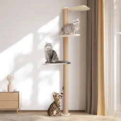 Wood Cat Tower Floor to Ceiling Adjustable, Tree Tall Cat Scratching Post, Cat Tree with 3-Tier Floor for Climb