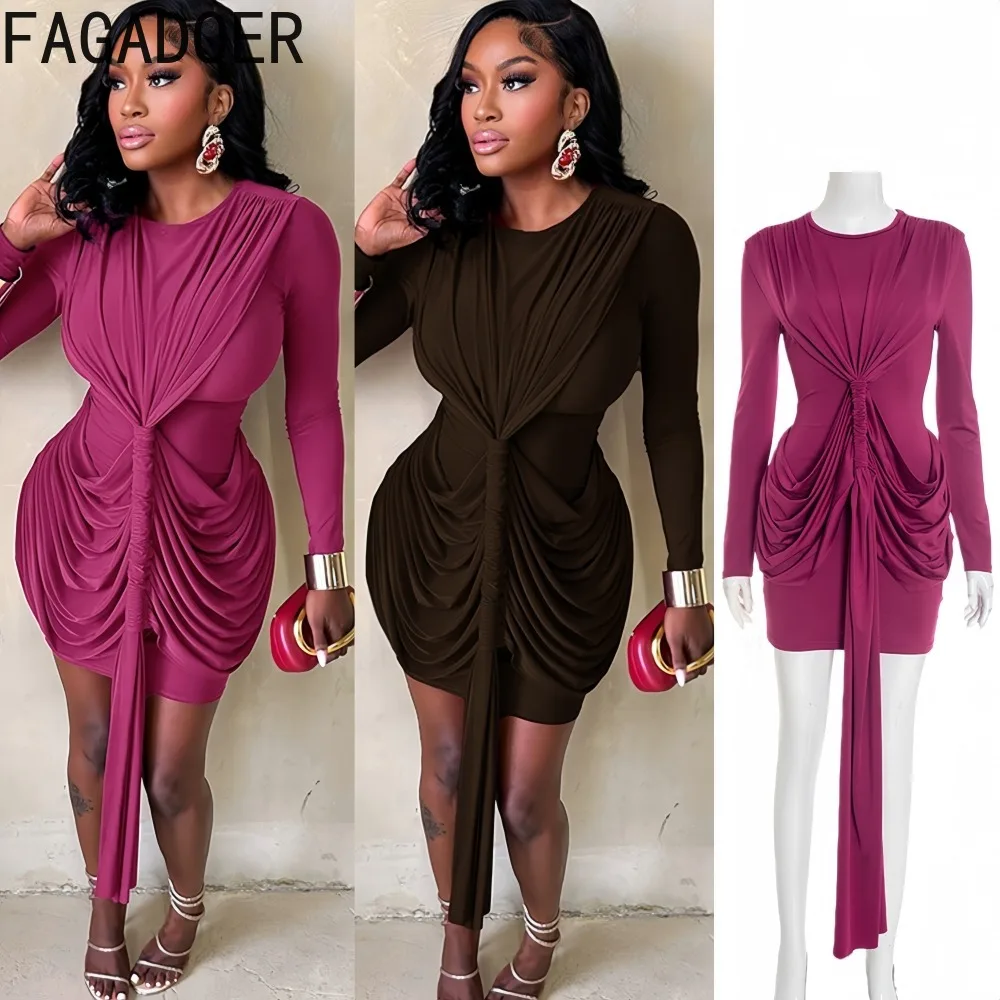 

FAGADOER Sexy Ruched Patchwork Bodycon Dresses for Woman Solid Color Long Sleeves Dress Female Streetwear Vestidos Winter New