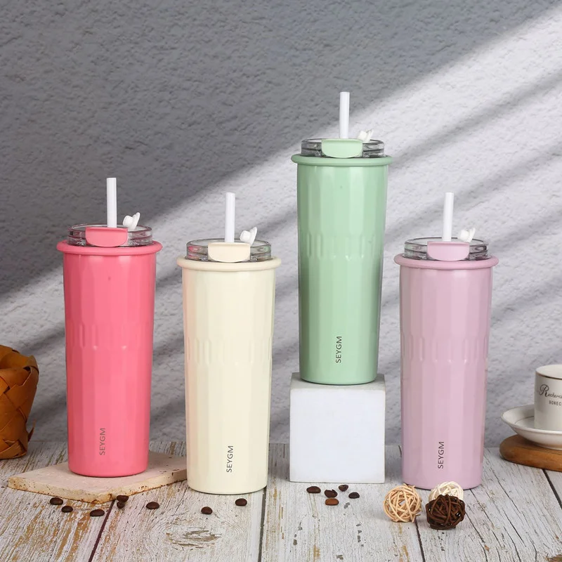 

500Ml Fashion Stainless Steel Vacuum Flask with Straw Portable Candy Color Coffee Tea Cold Drink Bottle