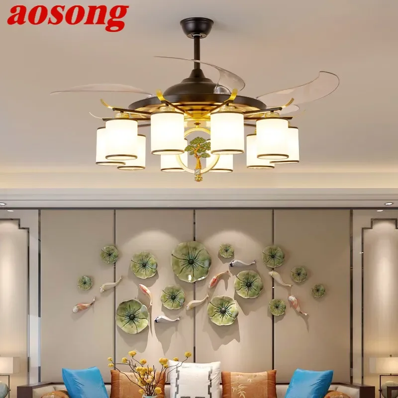 AOSONG Modern Stealth Fan Light Luxury Living Room Restaurant Bedroom Ceiling Fan Light Remote LED Electric Fan Light