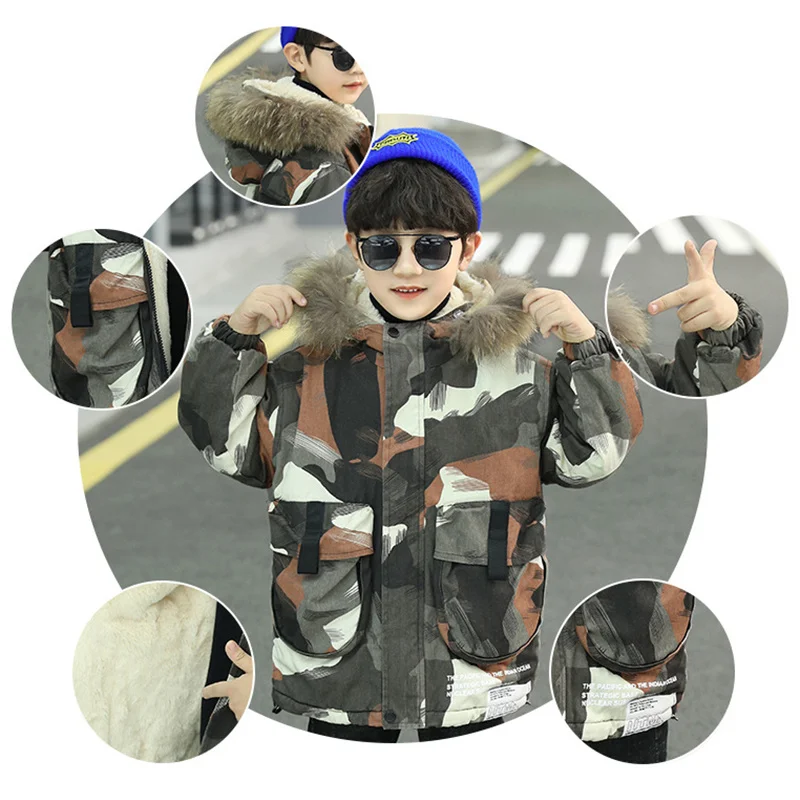 

Boys Winter Jacket Windproof Camouflage Warm Fluff Hooded Boy Child Coat New Jacket for Boy 2023 Outdoor Children's Down Parkas