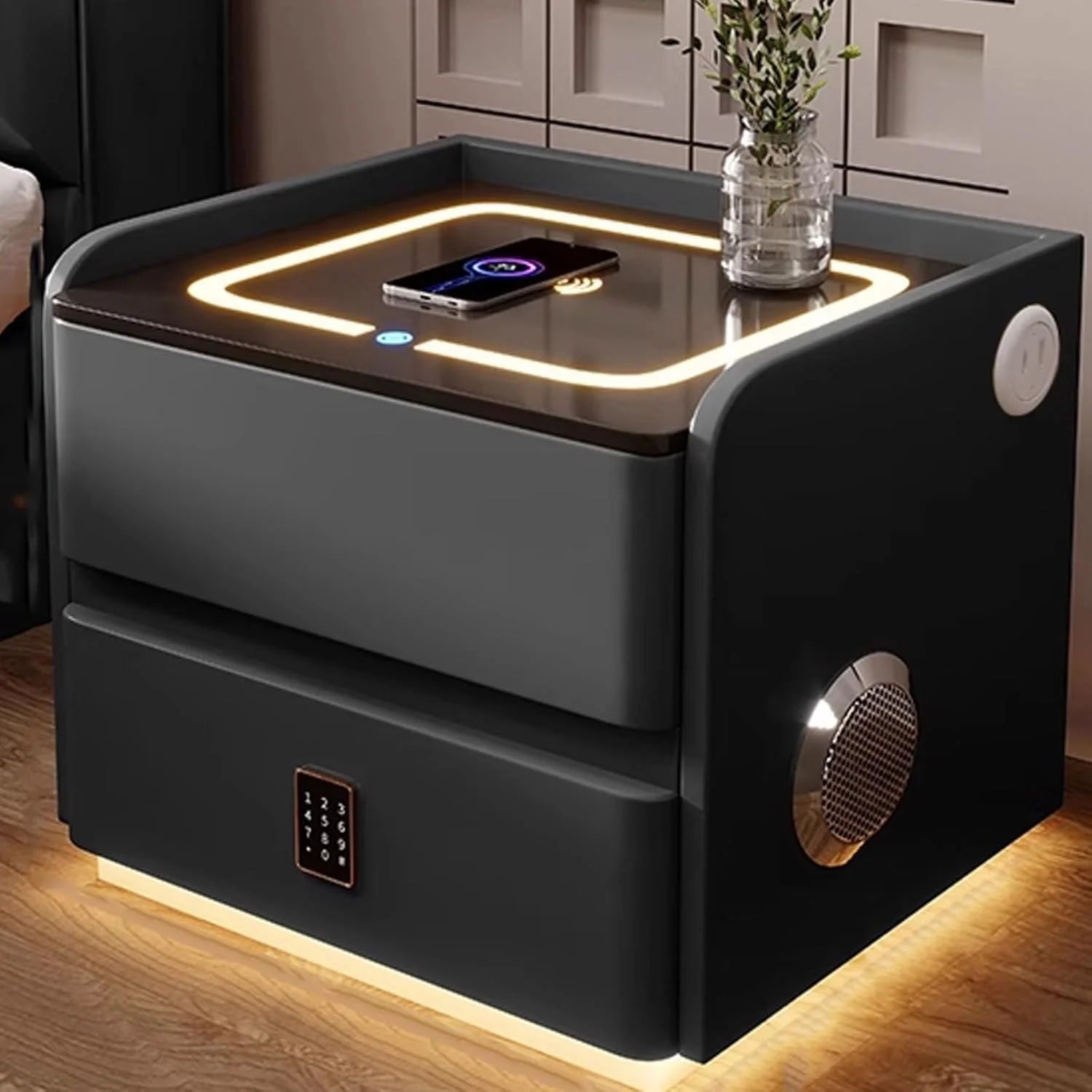 Smart Bedside Table with Wireless Charging USB Adjustable Light Bluetooth Speaker Secure Password Fingerprint Lock Nightstand