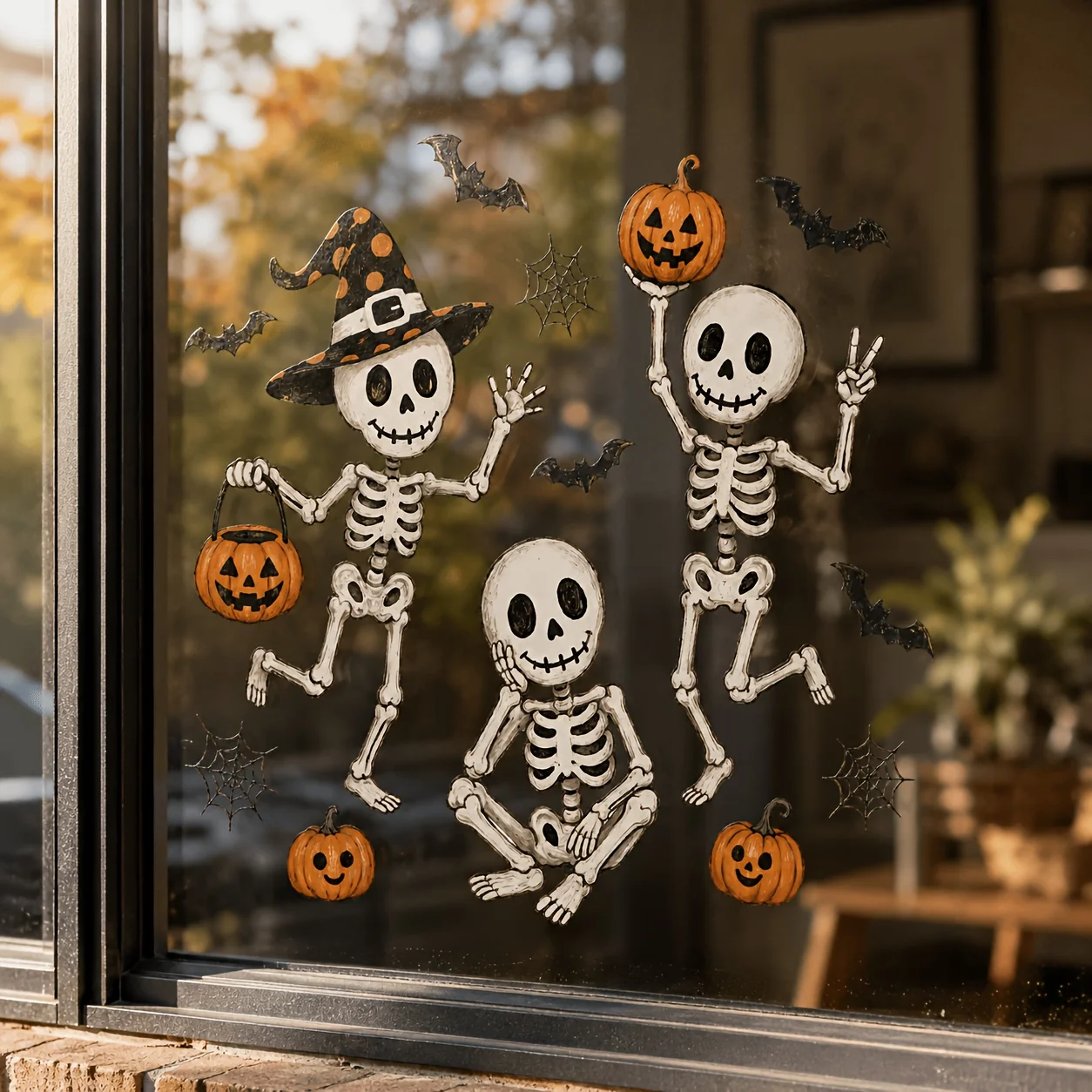 1pc Halloween Skull Pumpkin Holiday Window Cling, Hand-Drawn Illustration Style Halloween Pattern Decorative Glass Sticker