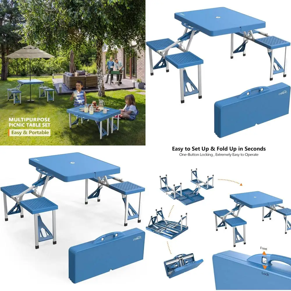 

Folding Lightweight 4 Ft Picnic Table Set with 4 Seats, Umbrella Hole, Aluminum Frame, Plastic Top for Outdoor Activities
