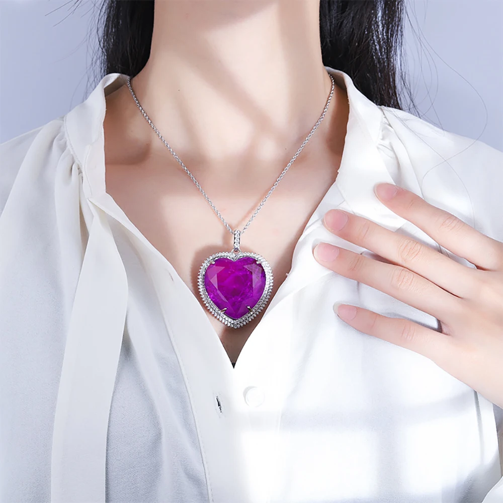 Vintage 32*32mm Heart-Shaped Pink Quartz Amethyst Paraiba Tourmaline Pendant Necklace for Women Gemstone Party Fine Jewel Gift