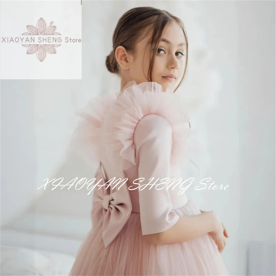 Light Pink Flower Girl Dresses Tulle With Bow Half Sleeve For Wedding Birthday Party Banquet Princess Gowns