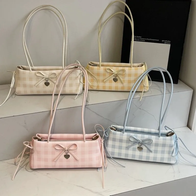 

Plaid Square Shoulder Bag Underarm Sac Femme Hit Color Bow Bags for Woman Korean Style Bolso Exquisite Shopper Bolsos De Mujer