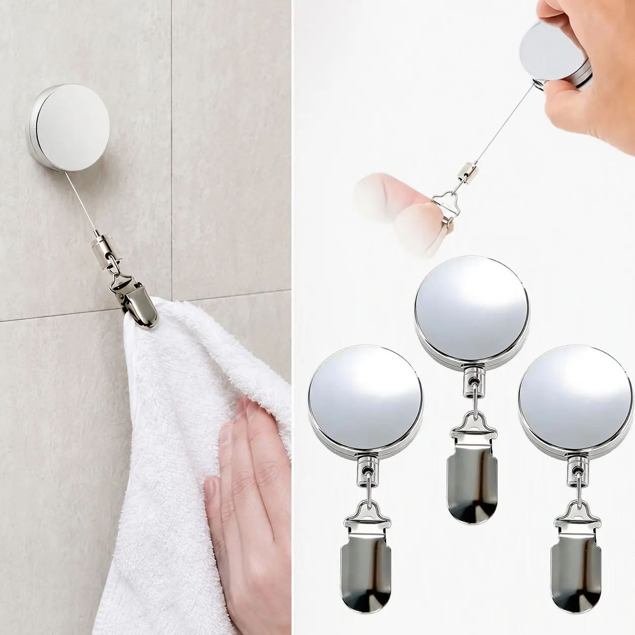1-3pc Automatic Retractable Towel Rack No Punch Self-Adhesive Wall Hanging Towel Holder Auto Rebound Design with Strong Clip