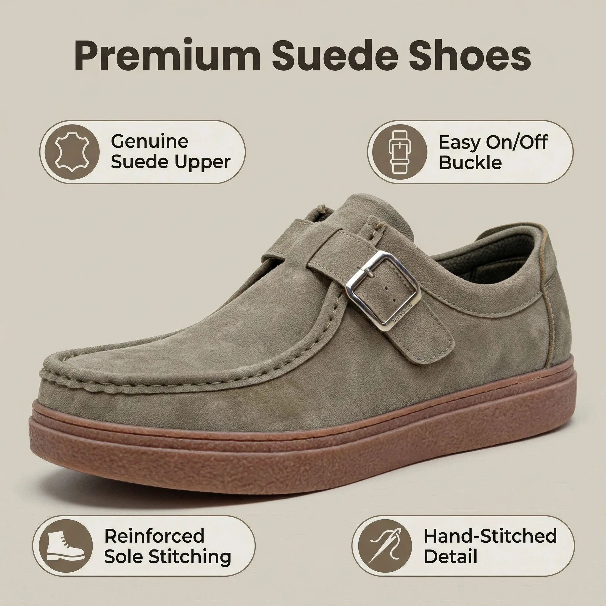 Men's Cowhide Leather Elegant Moccasin Shoes, Handmade Stitched, Buckle Fastening Wearing & Taking Off Aspects, Sole with Stitch