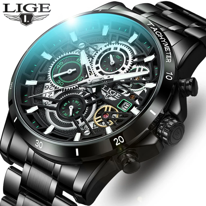 

2024 LIGE Mens Watches Top Brand Stainless Steel Hollow Sports Waterproof Quartz Watch Men Military Wristwatch Relogio Masculino