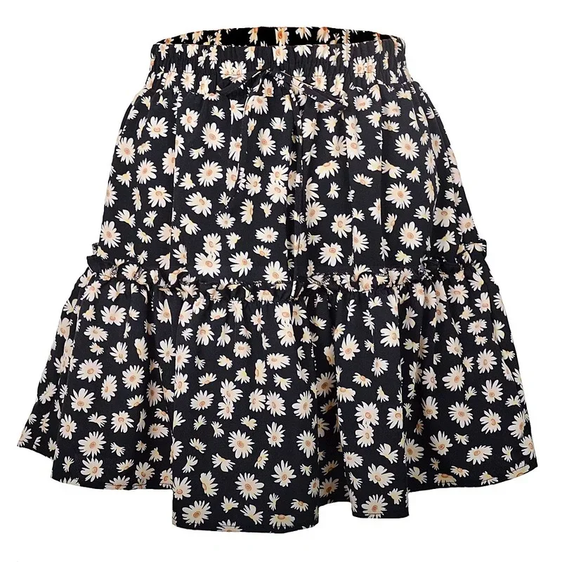 Women Casual Lace-Up High Waist Mini Skirts 2024 Fashion Summer Girl Floral Short Daisy Print Pleated Skirt Ladies Streetwear