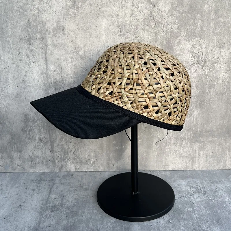 Women's Summer Straw Patchwork Color Block Hollow Baseball Sun Protection Hat