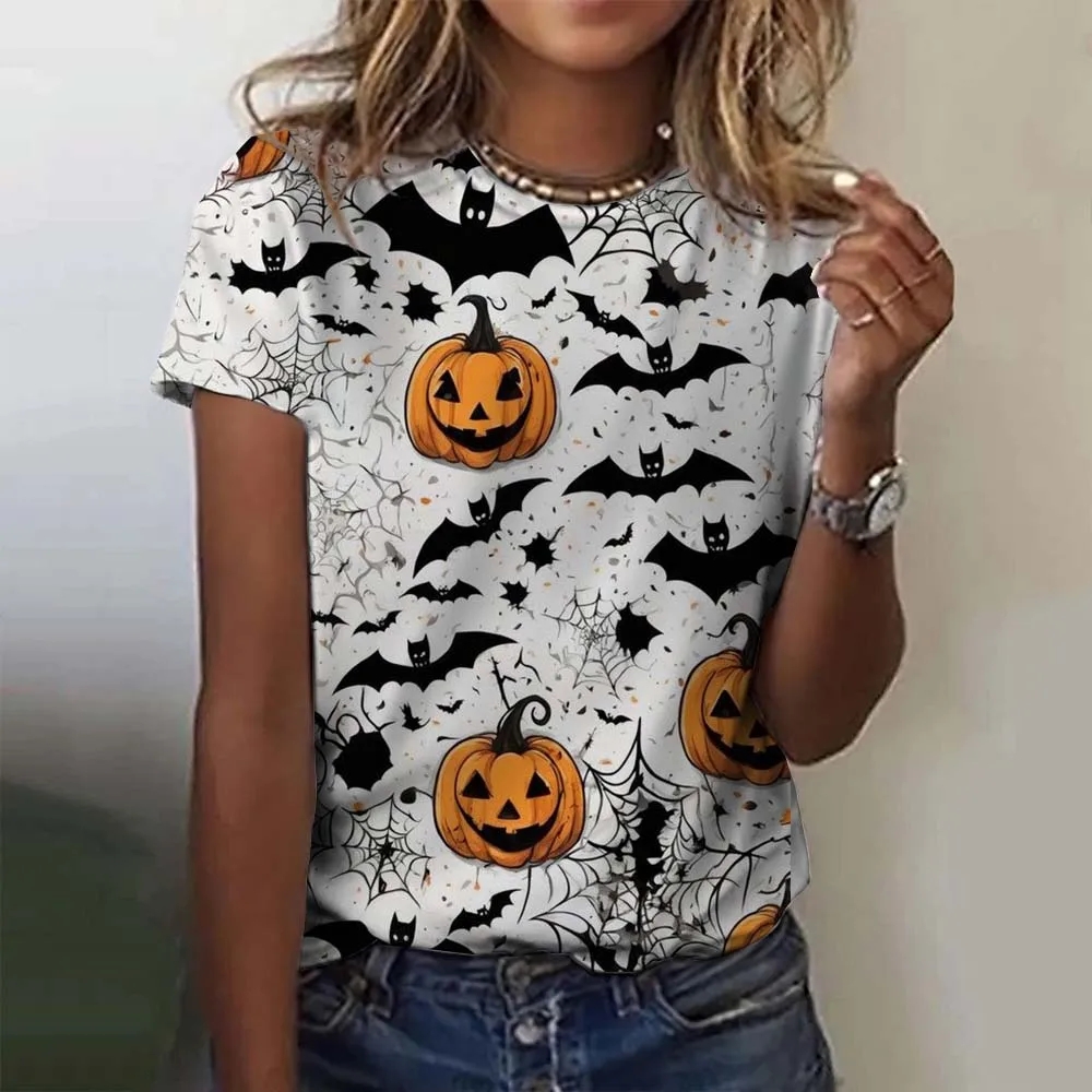 Women Halloween T‑Shirt Short Sleeve 3D Ghost Pumpkin Print Tee Casual Street Female Festival O‑Neck Fashion Top Women's Clothes