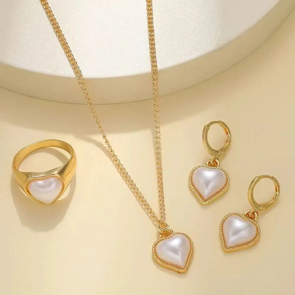 Pearl Peach Heart Necklace Jewelry Creative French Love Necklace Set Gold Color Alloy Metal Heart Pendant Earrings Necklace Ring